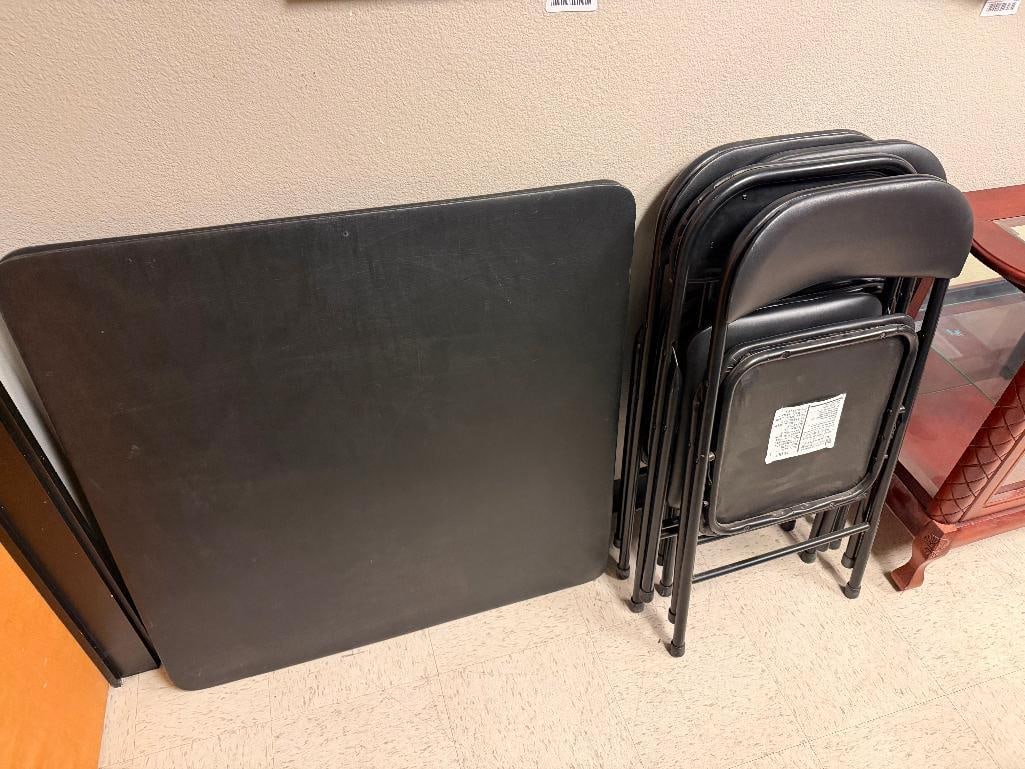 BLACK METAL FOLDING TABLE AND FOUR CHAIRS WITH PADDED TOP AND SEATS - 2