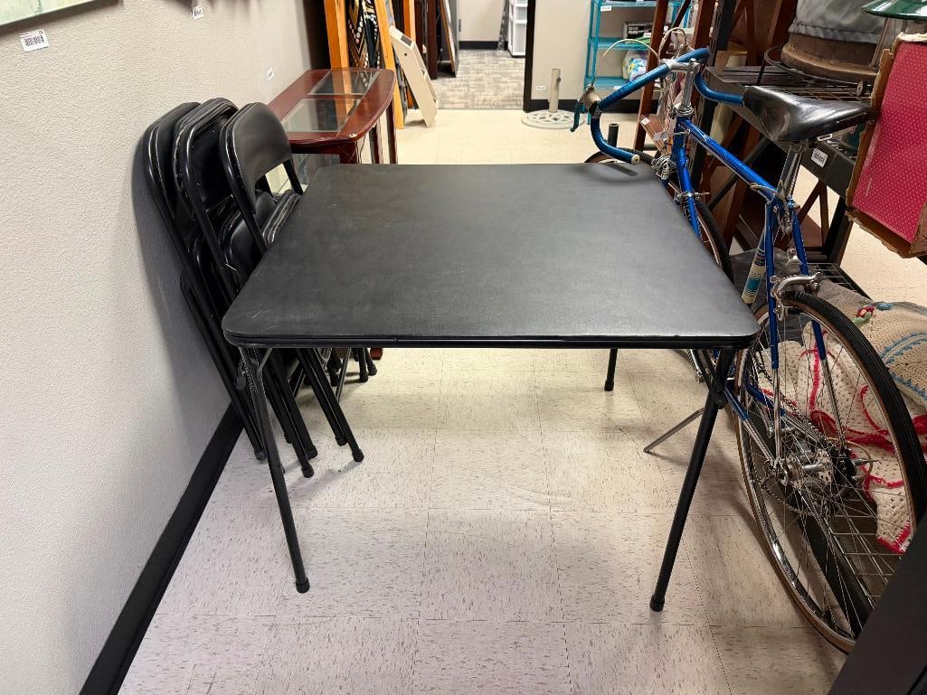 BLACK METAL FOLDING TABLE AND FOUR CHAIRS WITH PADDED TOP AND SEATS - 4