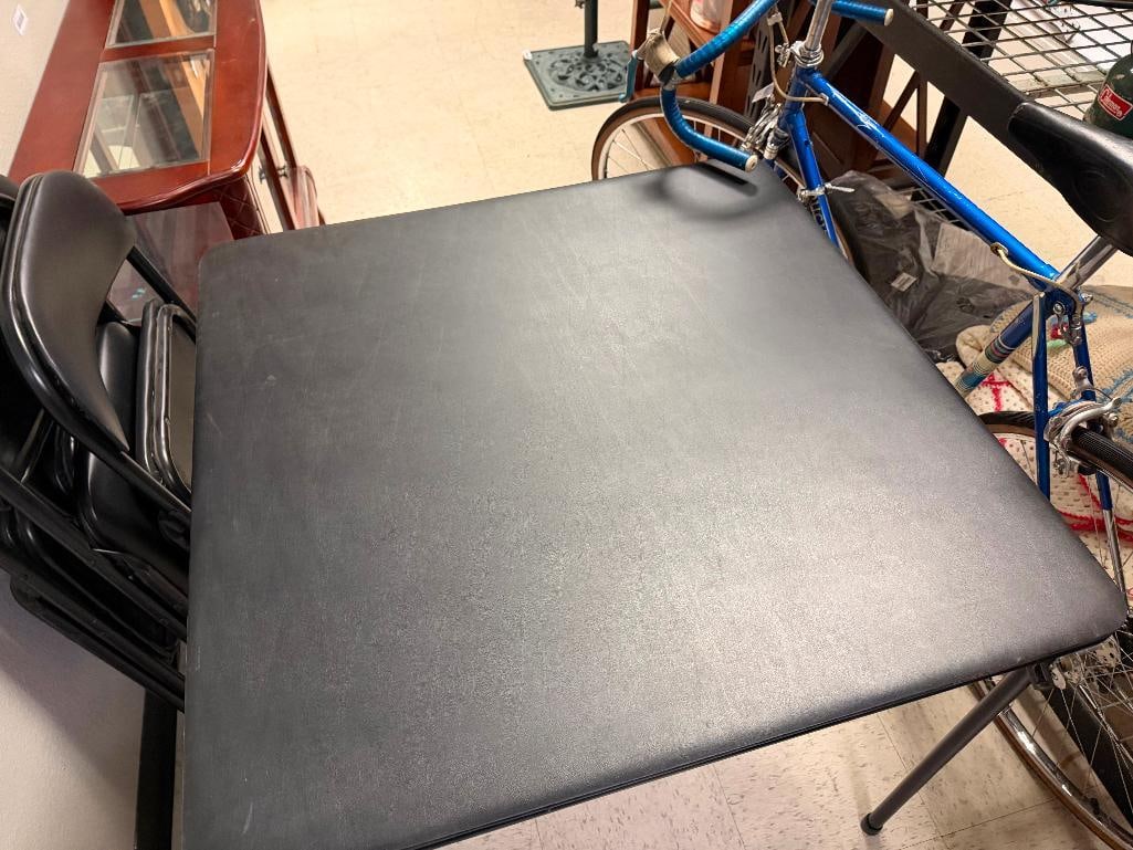 BLACK METAL FOLDING TABLE AND FOUR CHAIRS WITH PADDED TOP AND SEATS - 5
