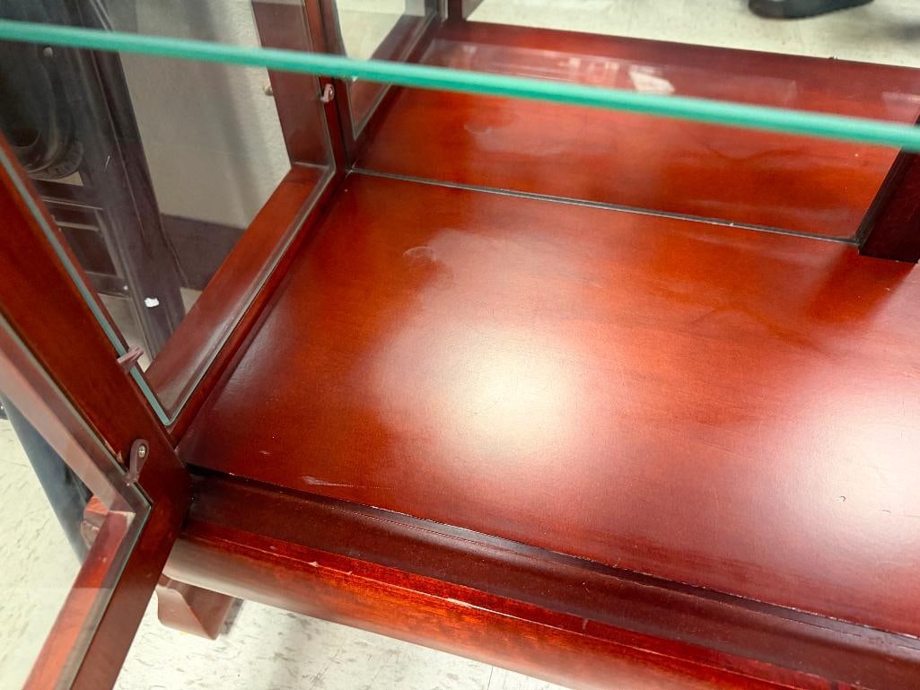 ELEGANT CHERRY-STAINED WOOD AND GLASS ILLUMINATED CABINET WITH GLASS FRONT DOORS AND GLASS SHELF - 11