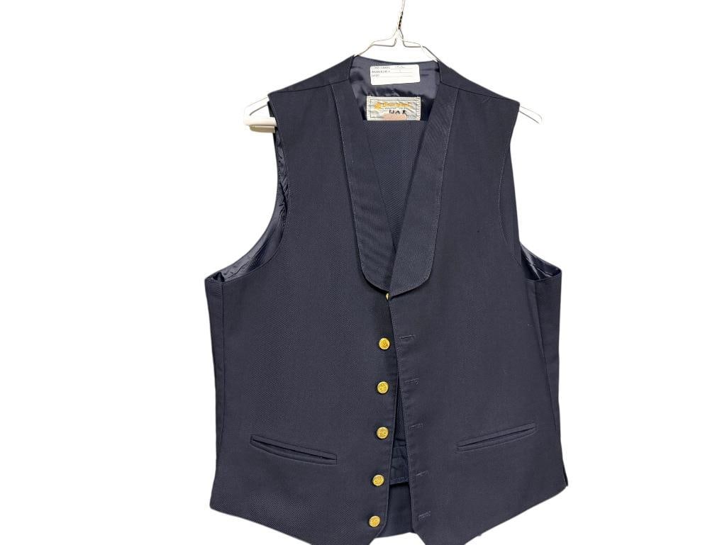 TWO ORIGINAL CIRCA 1970'S DISNEY CONDUCTER VESTS AND PANTS SETS FROM ANAHEIM, CALIFORNIA: BOTH IN GOOD CONDITION, DISNEY BUTTONS SIZE 40R 