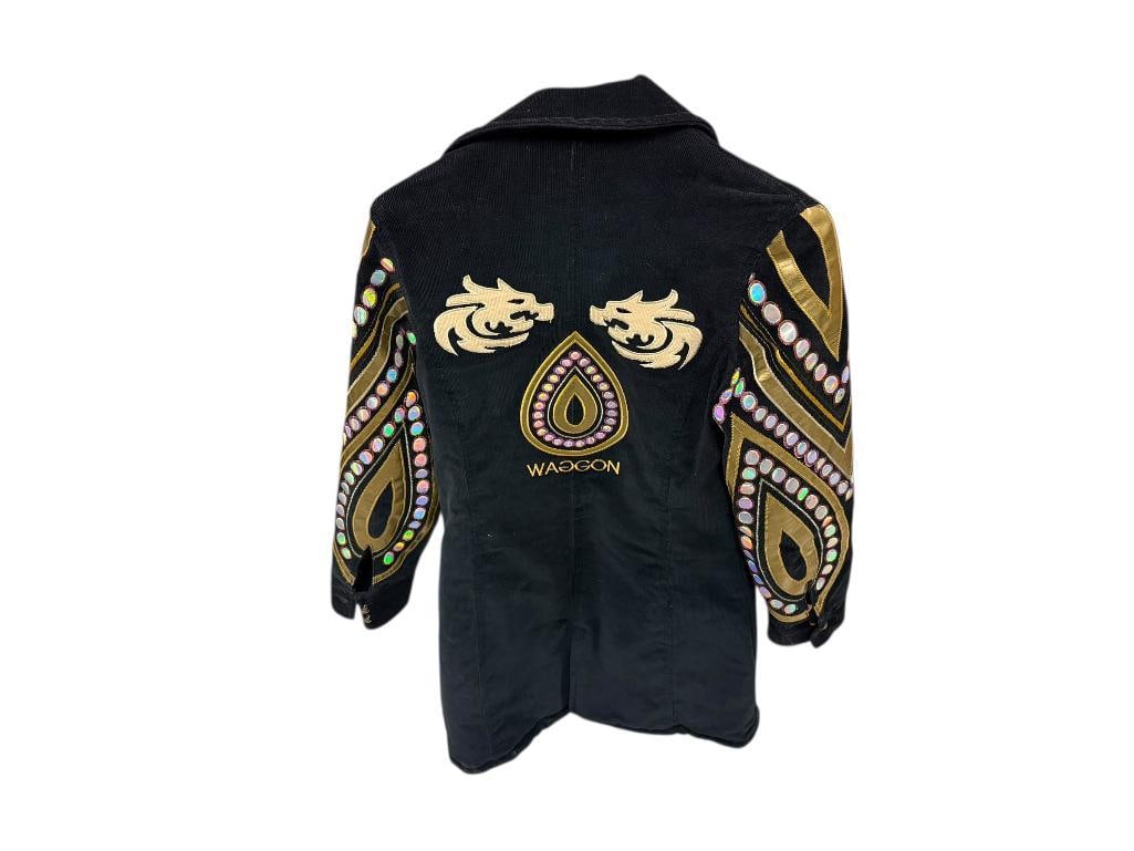WAGGON PARIS DESIGNER JACKET LONG JACKET FEATURING DRAGON MOTIF AND IRIDESCENT ACCENTS: MISSING THREE BUTTONS, FAIR CONDITION SIZE SMALL, 36" L 