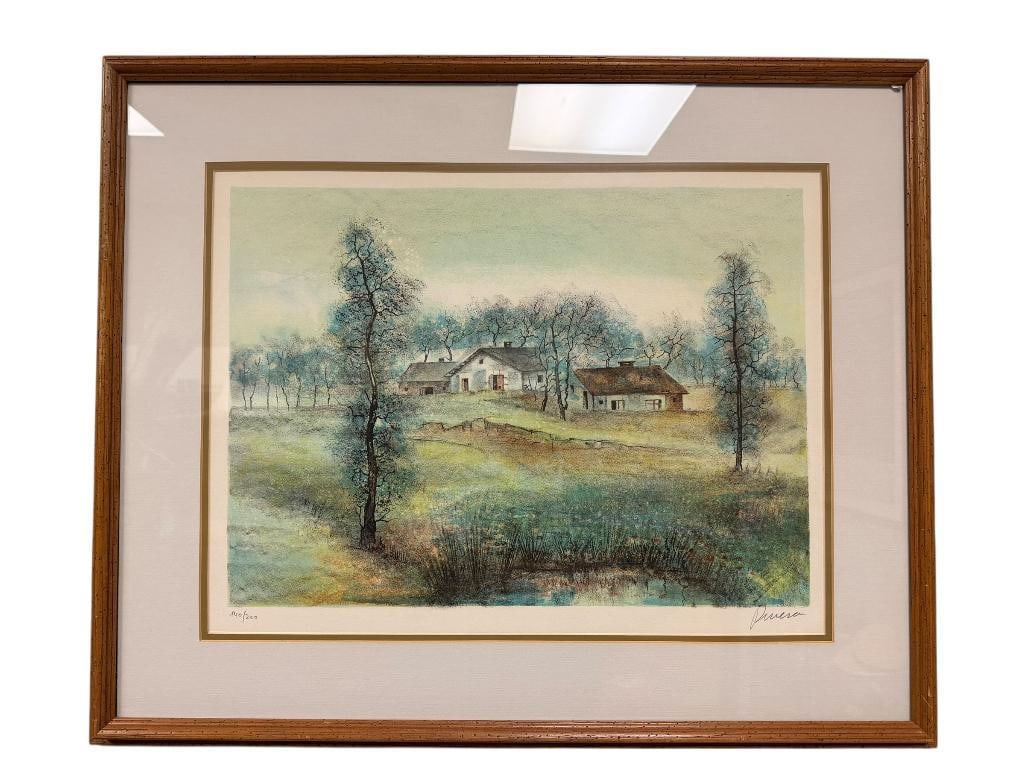 ANTONIO RIVERA SIGNED AND NUMBERED LITHOGRAPH " LOS ROBLES " LANDSCAPE SCENE: FEATURING COUNTRYSIDE HOMES WITH GREEN AND BLUE HUES, SIGNED IN LOWER RIGHT, NUMBERED 140/200, FRAMED AND DOUBLE MATTED, ROBERT SILLS GALLERY TAG ON BACK 28 1/2" X 23 1/2" FRAME
