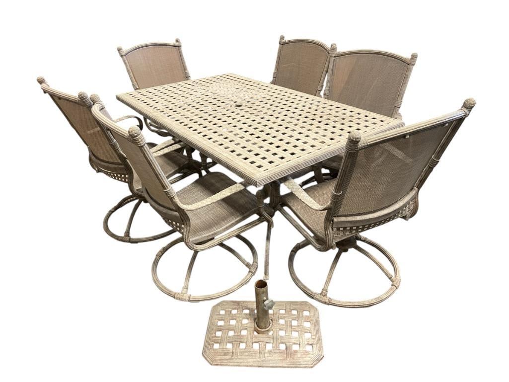 HIGH-END METAL PATIO TABLE, CHAIRS, AND UMBRELLA STAND SET IN ASHGRAY FINISH: GREAT CONDITION 70" X 40" X 28" 