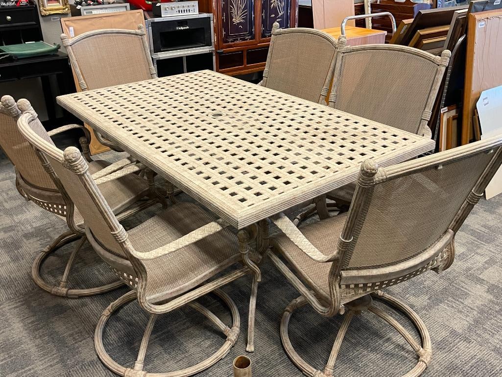 HIGH-END METAL PATIO TABLE, CHAIRS, AND UMBRELLA STAND SET IN ASHGRAY FINISH - 2