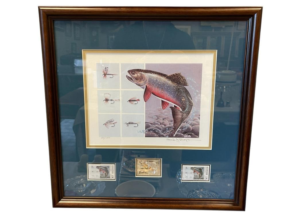 FRED BOYCE NEVADA ARTIST 1987 TROUT STAMP PRINT WITH .999 SILVER MEDALLION STAMP NO. 95/150 (1 of 8)