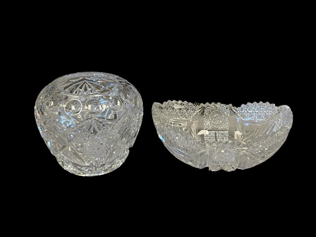 FINE HAND CUT CYRSTAL HOBSTAR FLOWER BOWL AND OBLONG BOWL WITH ETCHED FLORAL DESIGN: BOTH ITEMS ARE HAND CUT WITH HOBSTAR DESIGN, BOTH HAVE "TINY" CHIPS AROUND THE BODY AND RIM 4" FLOWER BOWL, 6" OBLONG BOWL 