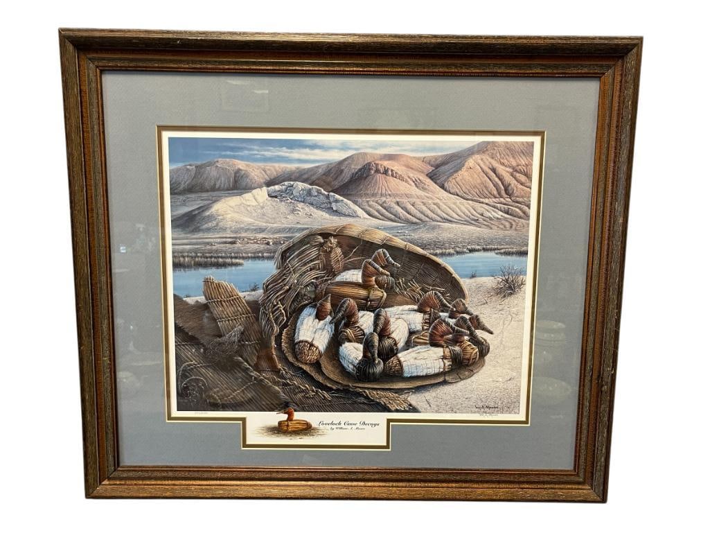WILLIAM A. MOORE NEVADA ARTIST LIMITED EDITION PRINT LOVELOCK CAVE DECOYS NO. 294/600: WILLIAM A. MOORE (1936-2010) WAS A WELL-KNOWN RENO, NV ARTIST, ART DEPICTS BASKET FILLED WITH EARLY DUCK DECOYS WITH MOUNTAINS IN THE BACKGROUND, SIGNED LOWER RIGHT, FRAMED 28 1/2" X 24 1/2" FRAME 