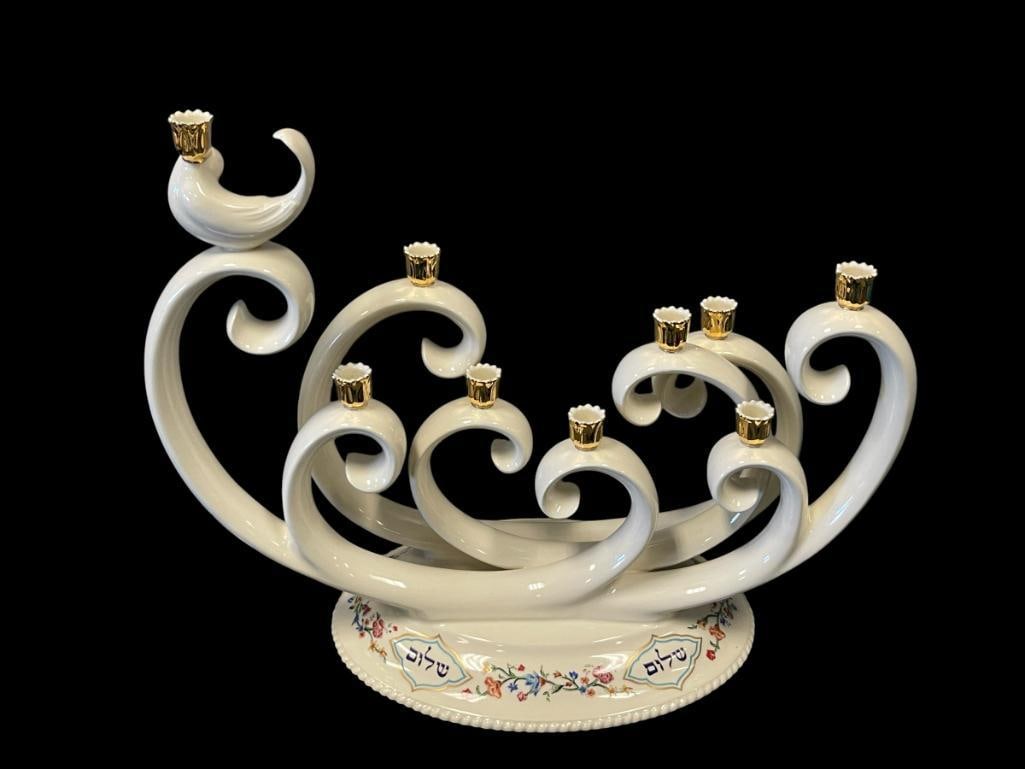 LENOX L 'CHAIM JUDAIC COLLECTION MENORAH: MULTICOLOR AND GILT FLORAL DECORATED, LIKE-NEW ITH LABEL, INCLUDES ORIGIANL BOX 12 1/2" L 