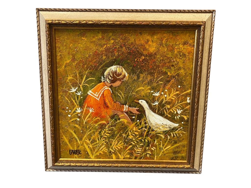 JOAN GRABER NORTHERN CALIFORNIA ARTIST ORIGINAL OIL ON CANVAS PAINITING CHILD WITH DUCK (1 of 9)