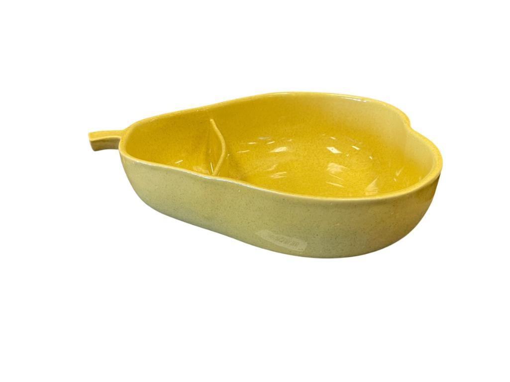 PFALTZGRAFF VINTAGE SPECKLED YELLOW PEAR SHAPED DIVIDED BOWL: MARKED ON THE BOTTOM, NO CHIPS OR CRACKS 11" X 10" 