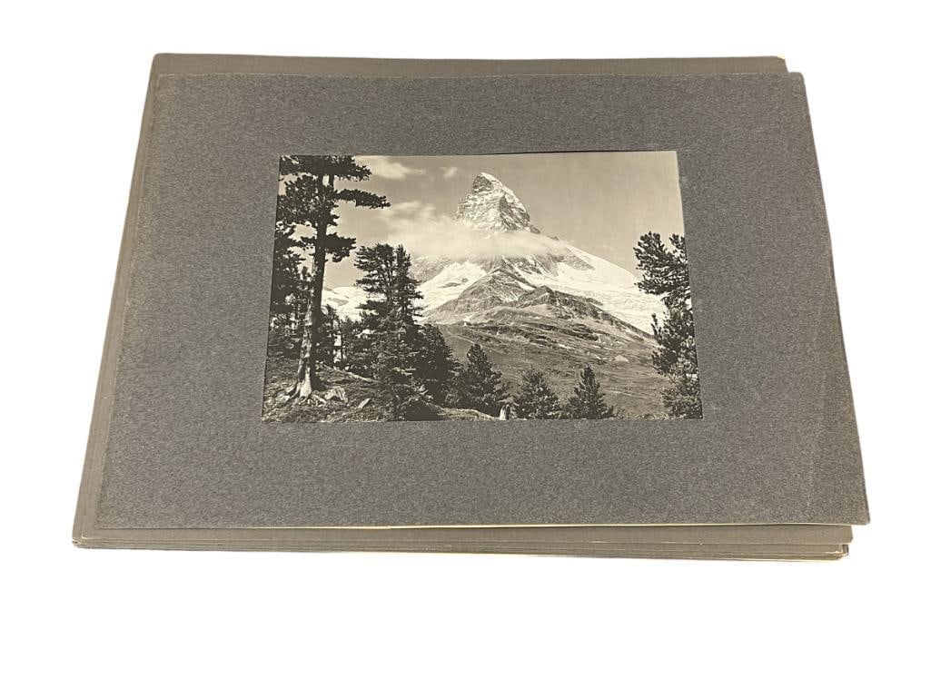EIGHT 1930'S BLACK AND WHITE PHOTOGRAPHS OF SWITZERLAND MOUNTAIN LANDSCAPES: MOST PHOTOS ARE OF MOUNTAIN LANDSCAPES, EACH PHOTO HAS TITLE OR SUBJECT ALONG THE BOTTOM EDGE IN FOREIGN TEXT, EACH IS ALSO MATTED 14" X 10" AND 14" X 11" 