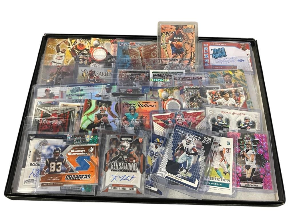 1990'S - 2020'S BASKETBALL, BASEBALL, AND FOOTBALL CARDS JERSEY, SIGNATURE, FOIL CARDS: OVER 30 CARDS, ALL IN PROTECTIVE SLEEVES 