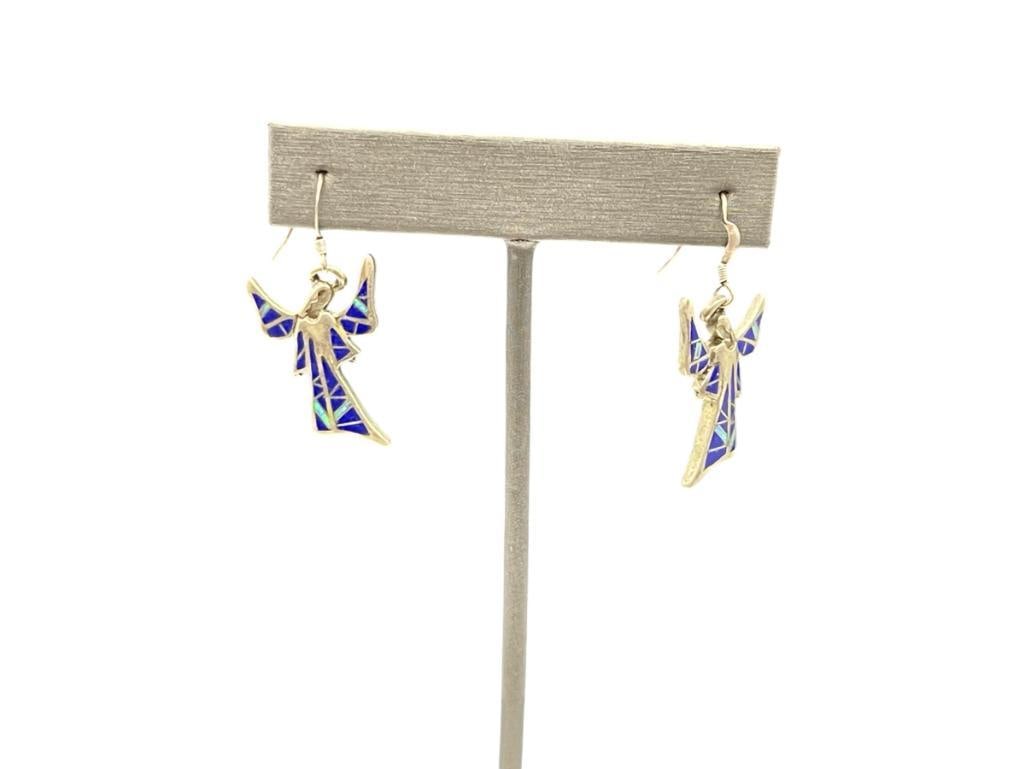 PAIR OF STERLING SILVER INLAID LAPIS AND OPAL FIGURAL ANGEL DANGLE EARRINGS: 1 3/8", 5.60 GRAMS 