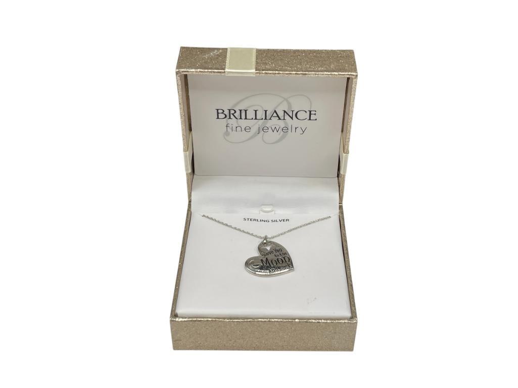 NEW IN BOX STELRING SILVER "LOVE YOU TO THE MOON AND BACK" FIGURAL HEART PENDANT: FEATURING PIERCED CUT STAR AND MOON DESIGN 18" NECKLACE, 1" PENDANT 