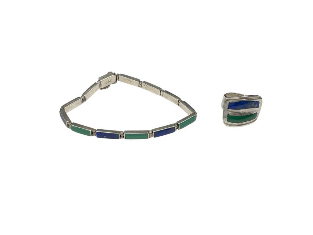 .950 STERLING SILVER INALID MALACHITE AND LAPIS BRACELET WITH MATCHING RING (1 of 6)