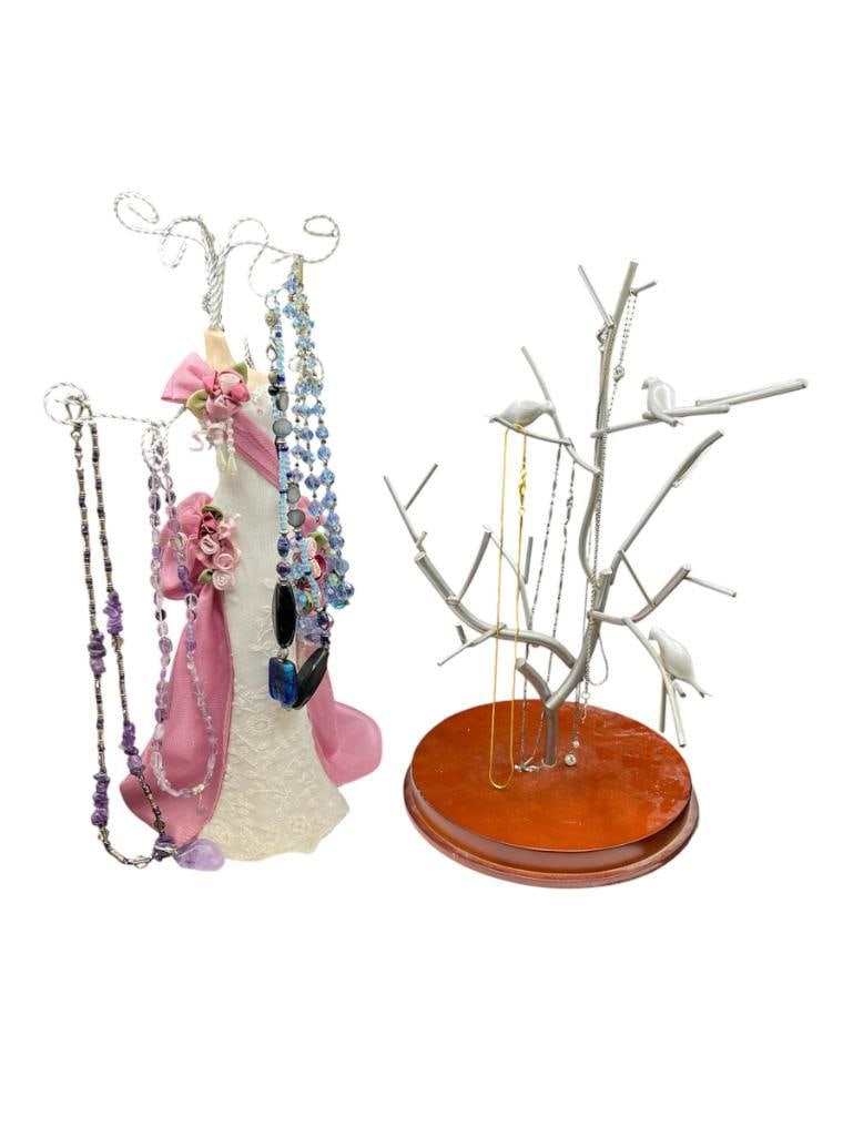 TWO NECKALCES DISPLAYS WITH SEVERAL NECKLACES INCLUDING AMETHYST, ART GLASS, AND MORE: LARGEST IS 13 1/2"