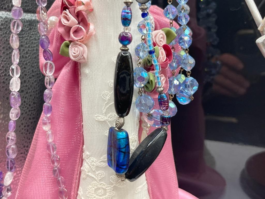 TWO NECKALCES DISPLAYS WITH SEVERAL NECKLACES INCLUDING AMETHYST, ART GLASS, AND MORE - 6