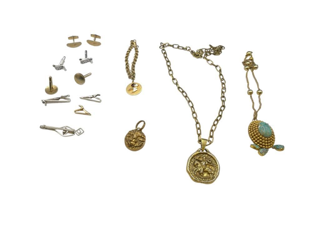 SIGNED ROBERT ZENTALL COSTUME JEWELRY NECKLACE, CUFF LINKS AND TIE BARS, AND GOLD TONE JEWELRY (1 of 7)