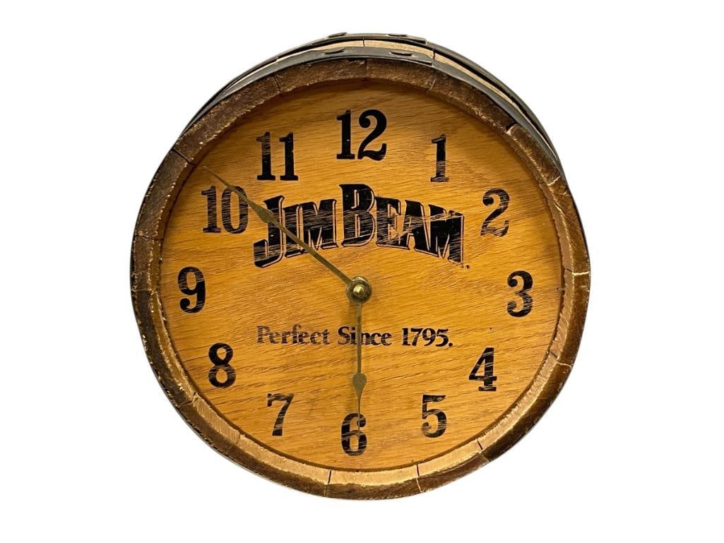 BARREL STYLED JIM BEAM BATTERY OPERATED WALL CLOCK: DISTRESSED LETTERING 11" ROUND 