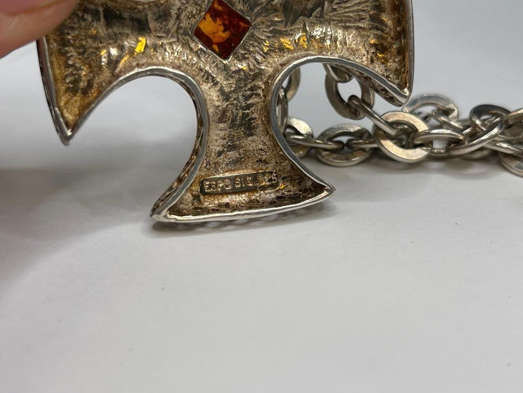 VINTAGE STERLING SILVER AMBER CELTIC CROSS PENDANT NECKLACE FEATURING PIERCED DESIGN ON CROSS - 7