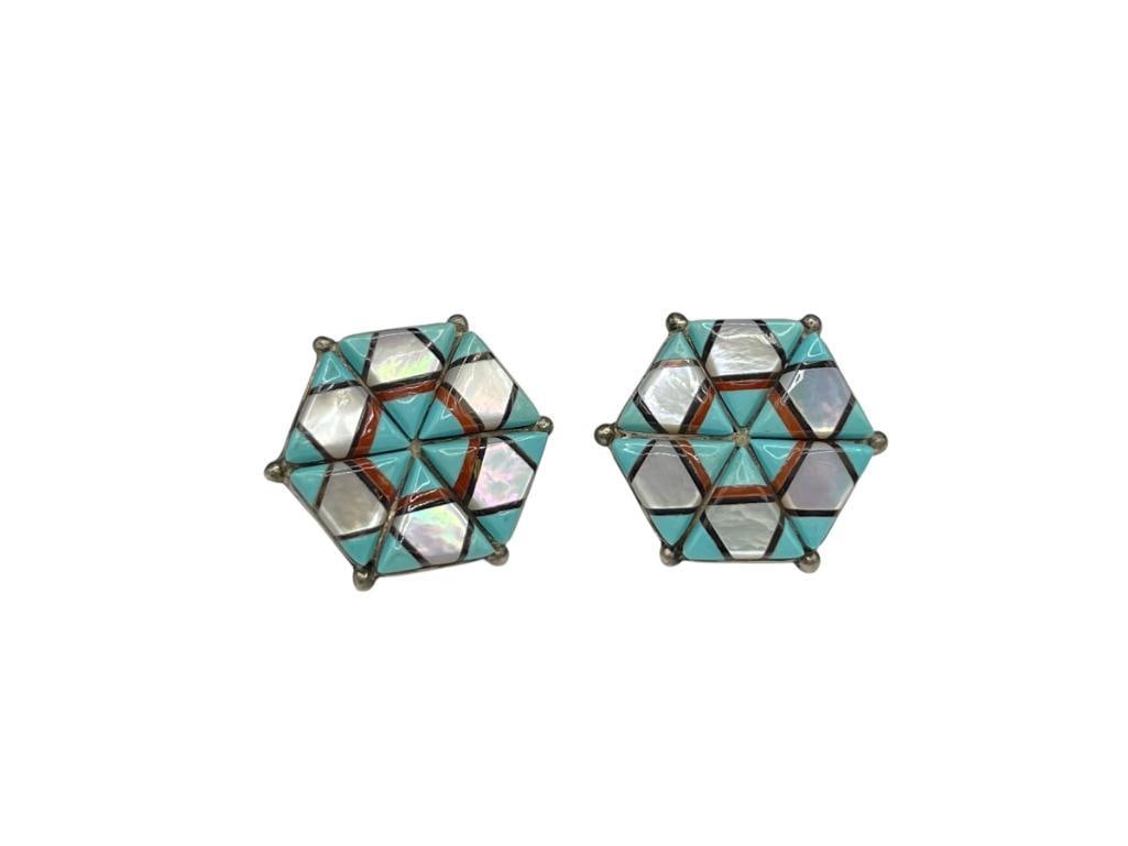 PAIR OF ZUNI NATIVE AMERICAN INLAID MOTHER OF PEARL, TURQUOISE, AND CORAL EARRINGS: OCTAGON SHAPE, BACKS ARE NOT SILVER 1", 9.69 GRAMS WITHOUT BACKS 