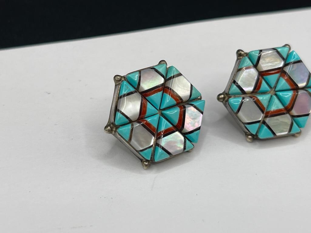 PAIR OF ZUNI NATIVE AMERICAN INLAID MOTHER OF PEARL, TURQUOISE, AND CORAL EARRINGS - 2