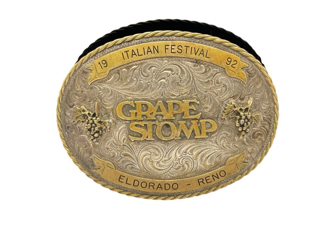 1992 RENO, NEVADA ITALIAN FESTIVAL EL DORADO CASINO HOTEL GRAPE STOMP BELT BUCKLE BY SILVER STATE: 4 1/4", 122.00 GRAMS 