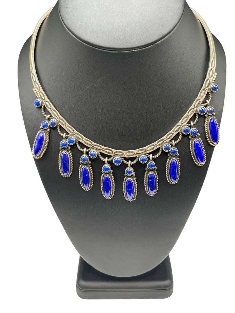 NAVAJO HERMAN SMITH STERLING SILVER LAPIS DANGLE CHOKER NECKLACE (1 of 7)