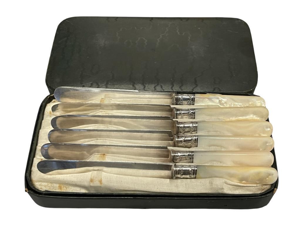 LANDER'S FRARY & CLARK MOTHER OF PEARL HANDLED BUTTER KNIVES WITH STERLING SILVER COLLARS (1 of 7)