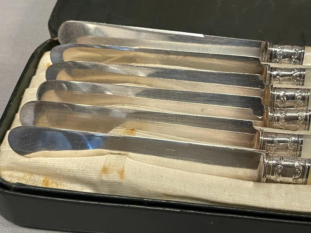 LANDER'S FRARY & CLARK MOTHER OF PEARL HANDLED BUTTER KNIVES WITH STERLING SILVER COLLARS - 2