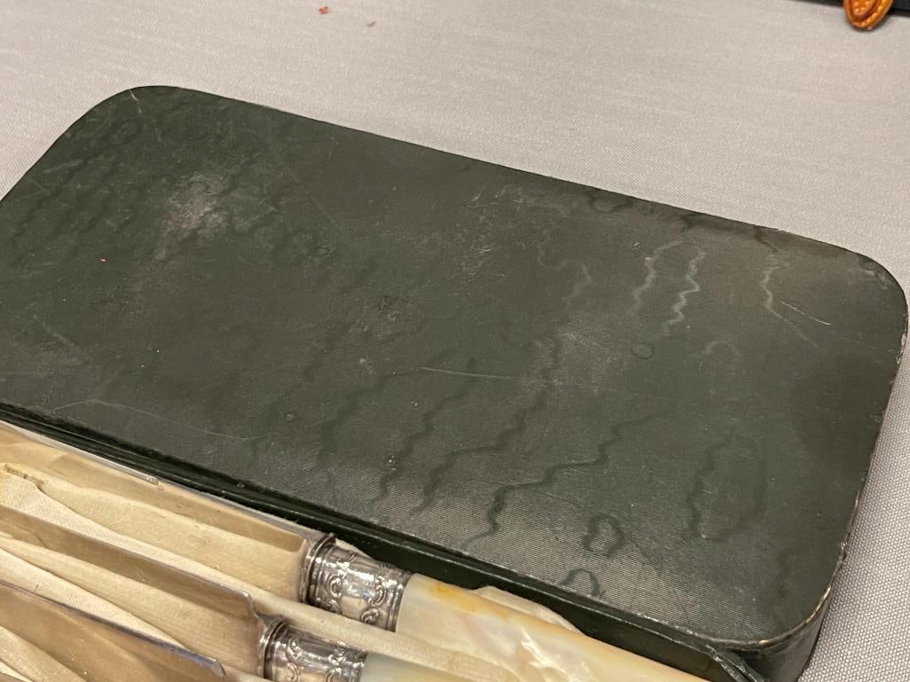 LANDER'S FRARY & CLARK MOTHER OF PEARL HANDLED BUTTER KNIVES WITH STERLING SILVER COLLARS - 7