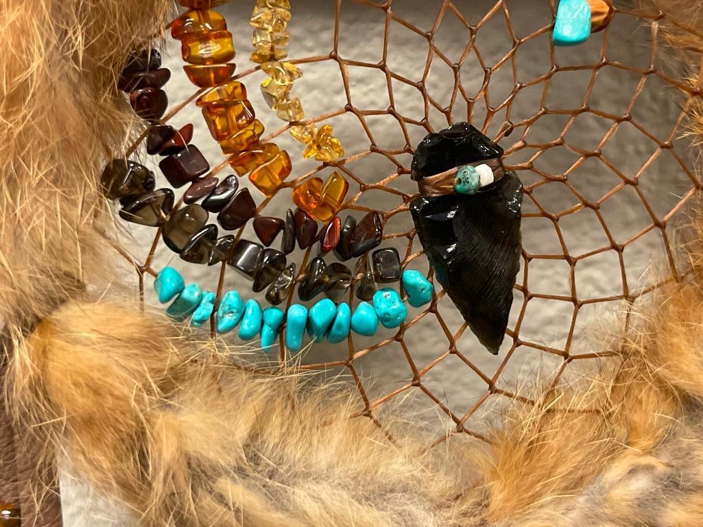 HAND CRAFTED NATIVE AMERICAN 20TH CENTURY DREAM CATCHER WITH AMETHYST, TURQUOISE, AMBER BEADS - 3