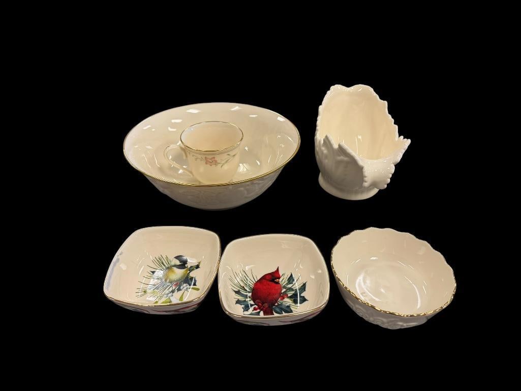SIX PIECES OF LENOX IVORY AND GOLD CHINA FRUITS OF LIFE BOWL, WINTER GREETINGS BOWLS,: NO CHIPS OR CRACKS 3" UP TO 9" ROUND