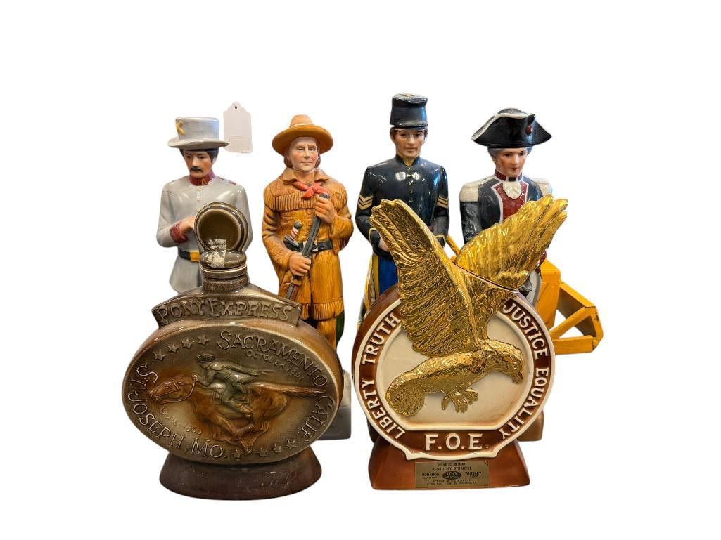 SIX CERAMIC DECANTERS F.O.E. PONY EXPRESS, AND FIGURES: ALL EMPTY 11" UP TO 14" H 
