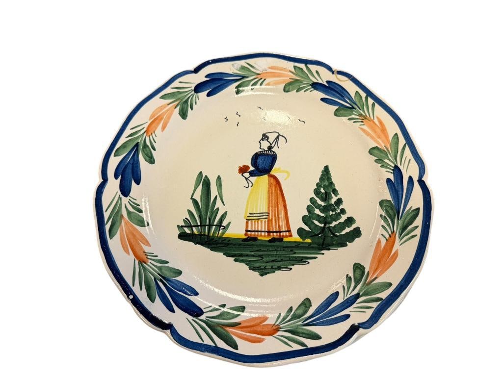HAND PAINTED FAIENCE PLATE HB HENRIOT QUIMPER BRETON FIGURES DESING PLATES MADE IN FRANCE: ONE PLATE HAS CHIP REPAIRED ON THE RIM 10" ROUND 