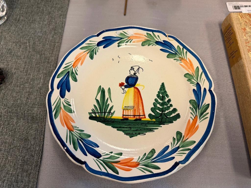 HAND PAINTED FAIENCE PLATE HB HENRIOT QUIMPER BRETON FIGURES DESING PLATES MADE IN FRANCE - 2