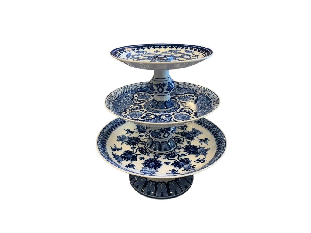 THREE TIER BOMBAY BLUE AND WHITE PORCEAIN PEDESTAL SERVER / DESSERT STAND: WILL NEED TO BE GLUED BACK TOGETHER, OTHERWISE IN GOOD CONDITION NO CHIPS 13" H 