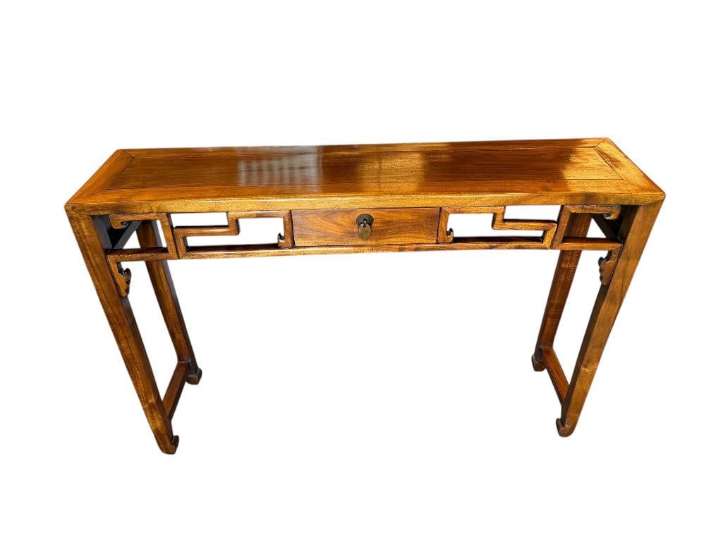 VINATAGE HAND CRAFTED CHINESE ELM WOOD CONSOLE / ALTAR TABLE: FEATURES STORAGE DRAWER WITH TRADITIONAL OPEN DESIGN, ORIGINAL DRAWER PULL 46" X 11" X 31" 