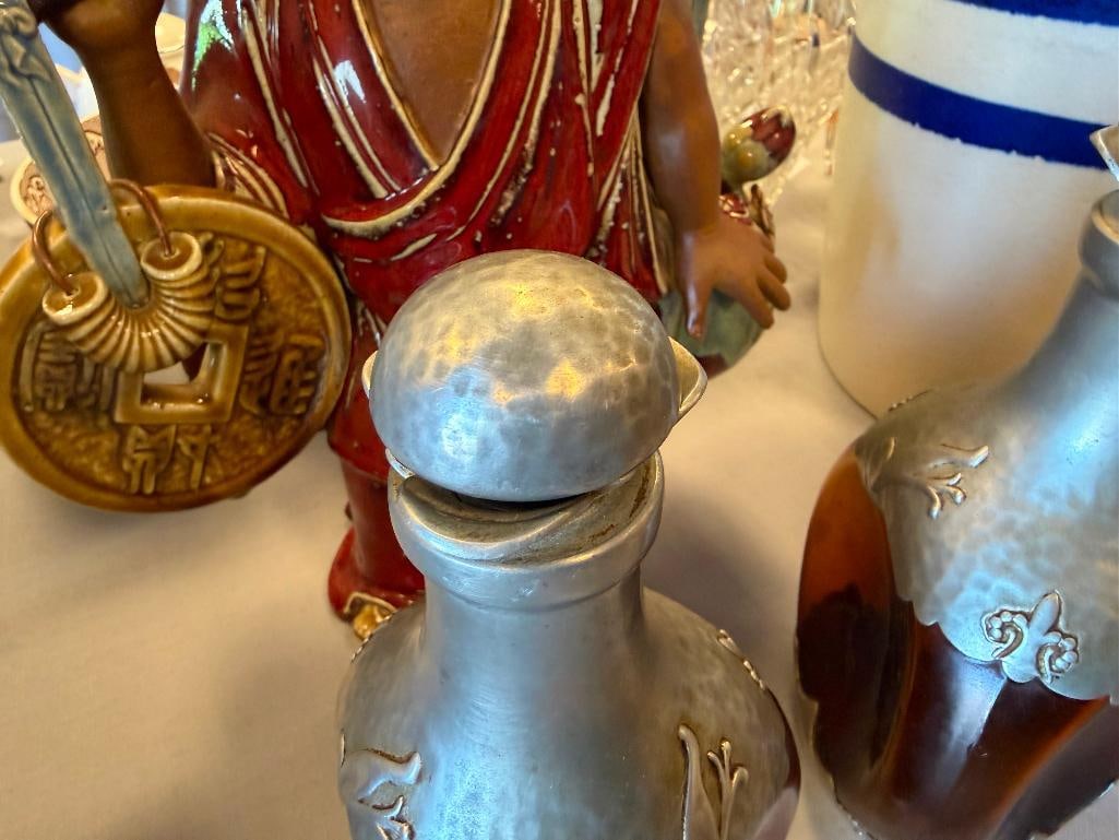 ZEISTER PEWTER VINTAGE AMBER WHISKY / DECANTERS WITH PEWTER OVERLAY BOTTOM, TOP AND CORK STOPPER - 3