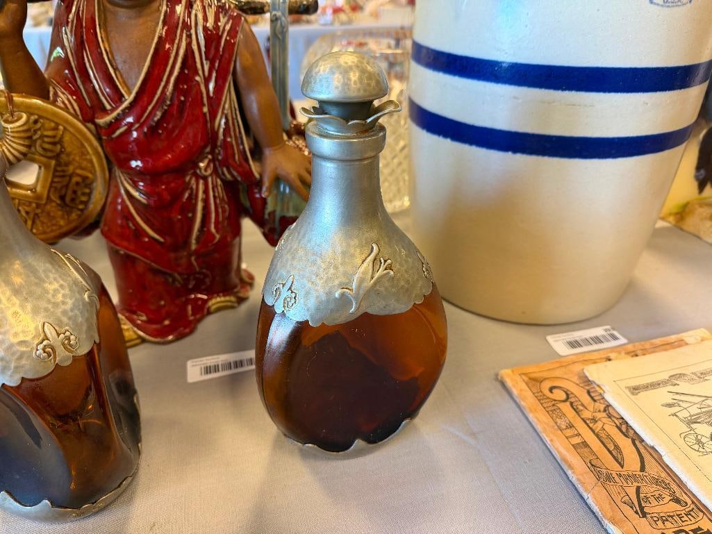 ZEISTER PEWTER VINTAGE AMBER WHISKY / DECANTERS WITH PEWTER OVERLAY BOTTOM, TOP AND CORK STOPPER - 8