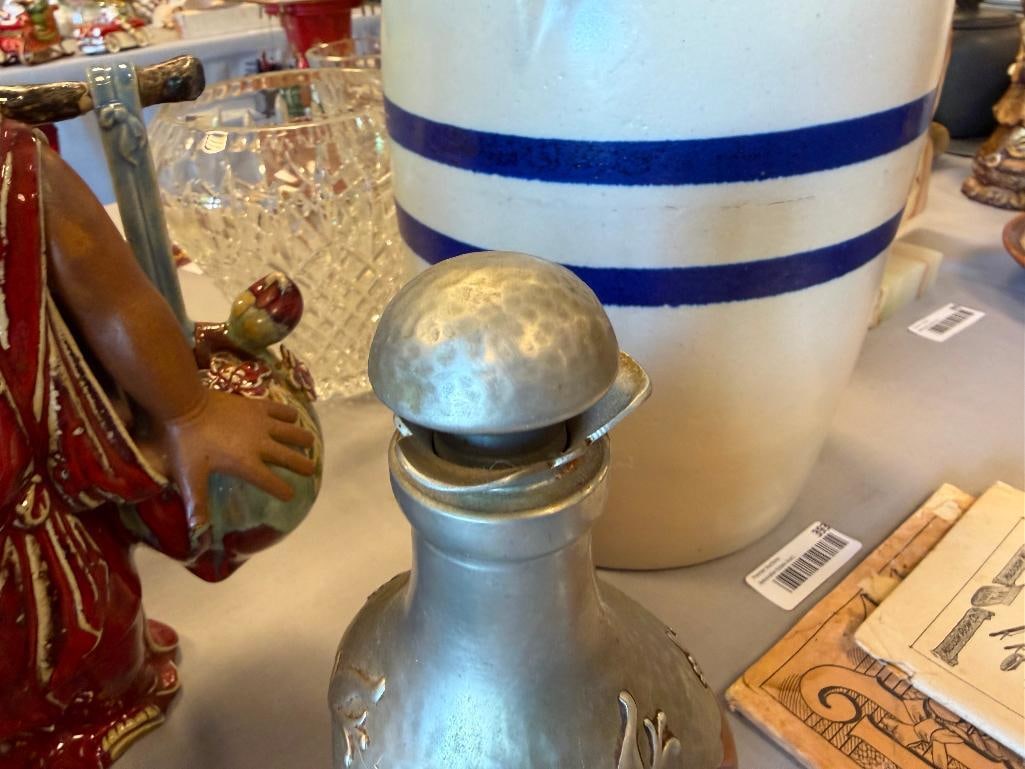 ZEISTER PEWTER VINTAGE AMBER WHISKY / DECANTERS WITH PEWTER OVERLAY BOTTOM, TOP AND CORK STOPPER - 9