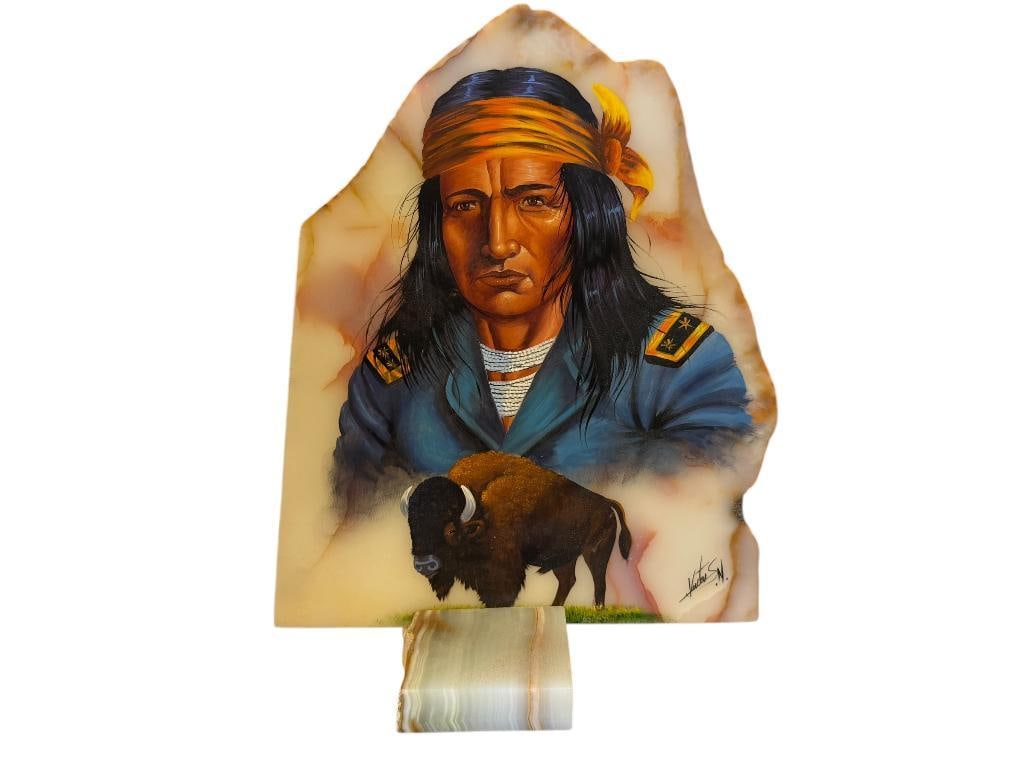 SIGNED ORIGINAL PAINTING ON ONYX NATIVE AMERICAN MAN PORTRAIT WITH BUFFALO (1 of 7)