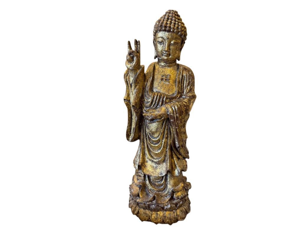 HAND CARVED WOODEN FIGURE OF GUANYIN BODHISATTVA FOR COMPANION IN EAST ASIA: GILT FINISH WITH SWASTIKA SYMBOL ON CHEST 12 1/4" H 