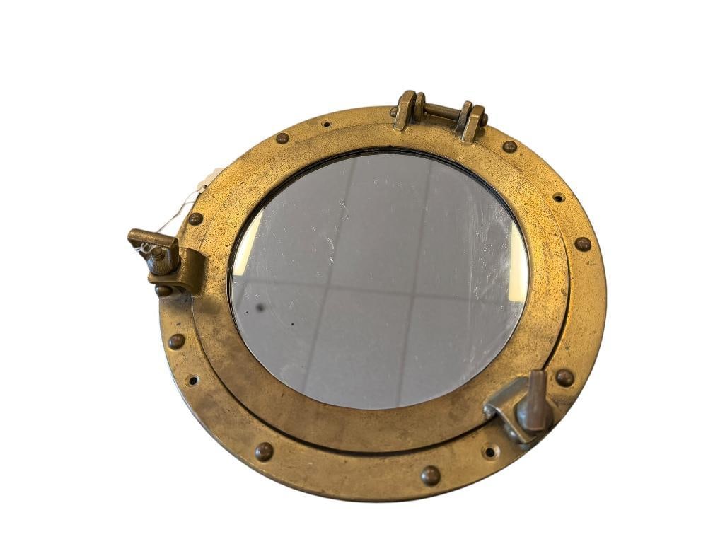 ANTIQUE ROUND BRASS SHIP PORT HOLE MIRROR: 11" ROUND