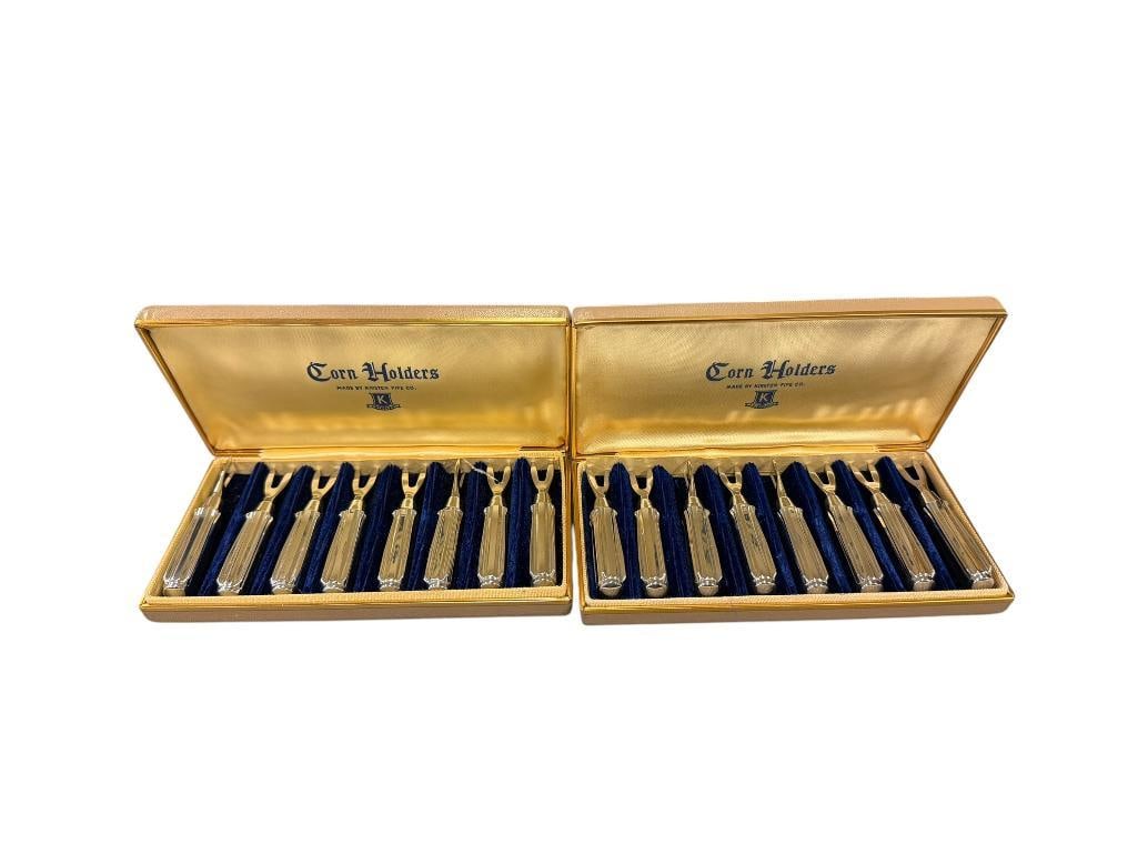 KIRSTEN PIPE CO. SILVERPLATE CORN COB HOLDERS: IN MINT CONDITION WITH ORIGINAL STORAGE CASE AND INSTRUCTION SHEET, TOTAL OF 16 2 3/4" L