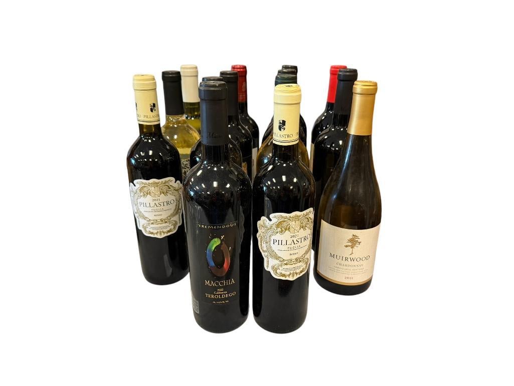 15 BOTTLES OF WINE CHARDONNAY, CABERNET SAUVIGNON, RED WINE, CHATEAU: INCLUDES 2021 GUYENDAC, 2022 PORTINHO DE COVO, 2021 PILLASTRO PUGLIA, 2020 AND 2022 MACCHIA, ALL BOTTLES ARE SEALED, QUALITY OF BOTTLES NOT GUARANTEED, MUST BE 21+ TO BID AND PURCHASE, I.D. CHECK REQU