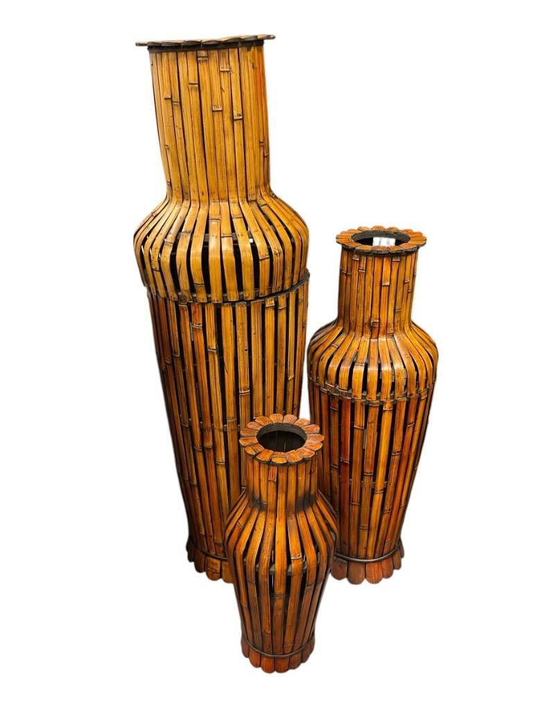 TRIO THREE PIECE SET BAMBOO FLOOR URNS / POTS: NESTING URNS, MEDIUM AND LARGE URN HAVE REMOVABLE TOPS 22", 35", AND 49" H