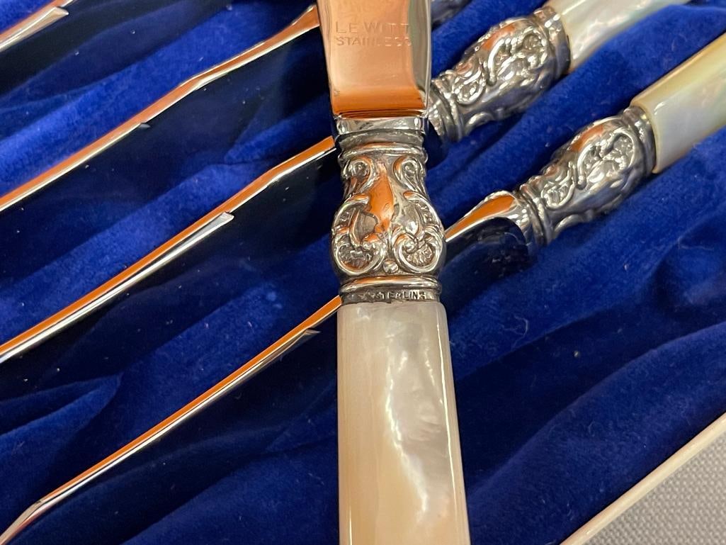 HOUSE OF LEWITT MOTHER OF PEARL HANDLED KNIVES WITH MOTHER OF PEARL HANDLES AND STERLING COLLARS - 10