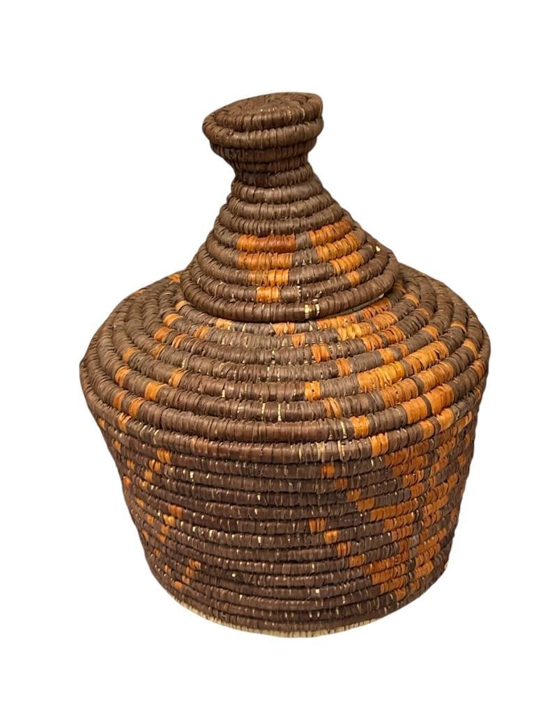 DECORATIVE MOROCAN HAND WOVEN COILED BASKET WITH CONICAL LID (1 of 5)